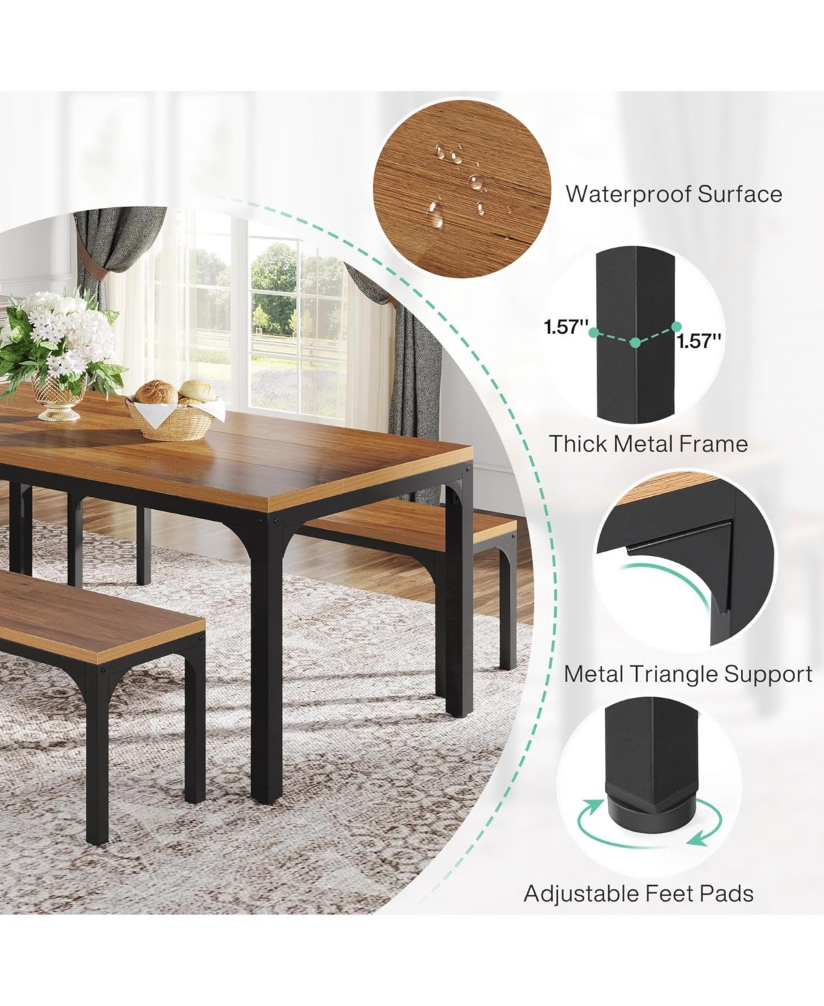 Tribesigns Dining Table Set for 6 People, 3 Pieces Rectangular Kitchen Table with 2 Benches, 55 Inches Large Wooden Kitchen Table Set for Small Space