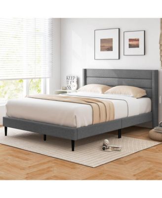 Queen Bed Frame with Wingback Headboard Linen Upholstered Platform Bed