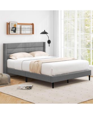 Queen Bed Frame with Wingback Headboard Linen Upholstered Platform Bed