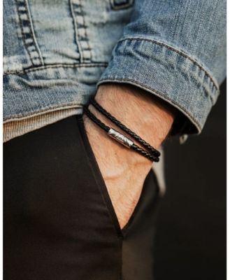 Men's Black Silver Delta Double Bracelet with Full-Grain ECCO Leather and Magnetic Clasp, Regular