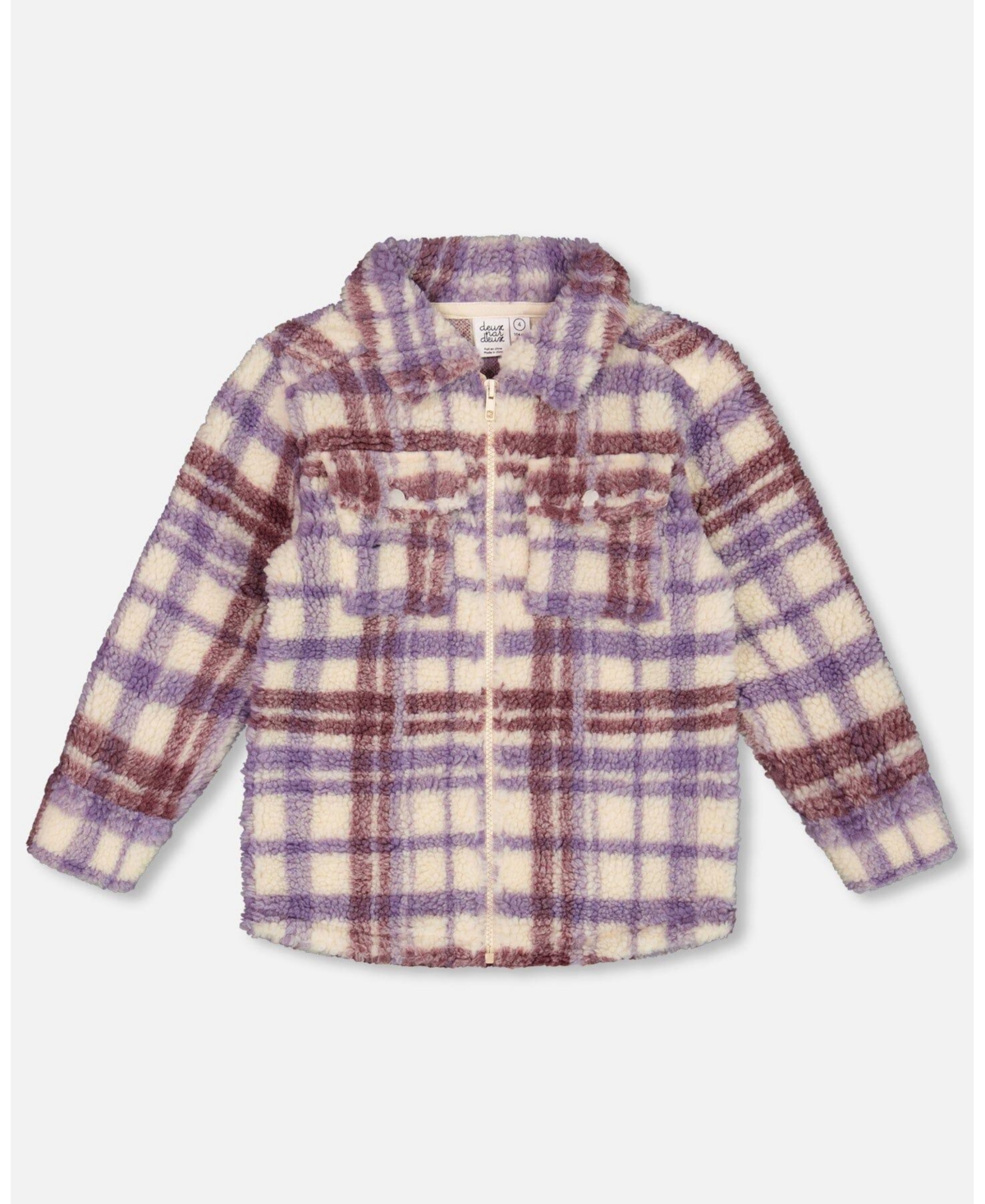 Deux par Deux Big Girls Zip Front Sherpa Overshirt Plaid Purple And White - Plaid purple and white
