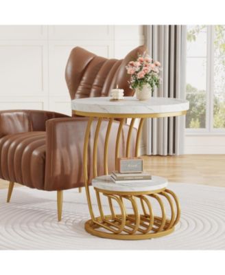 Round End Table: 2 Tiers Faux Marble Side Table with Storage Shelf, Bedside Nightstand, Metal Arc-Shaped Frame Accent Table