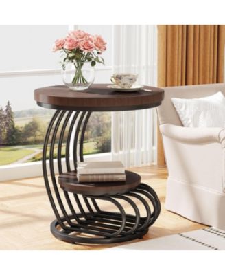 Round End Table: 2 Tiers Faux Marble Side Table with Storage Shelf, Bedside Nightstand, Metal Arc-Shaped Frame Accent Table