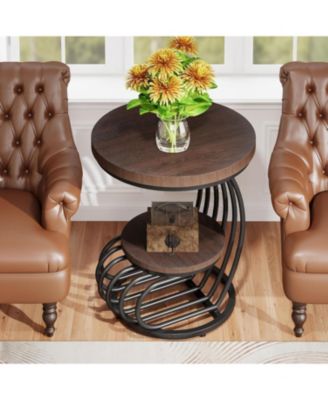 Round End Side Table: 2 Tiers Side Table Set of 2, Vintage End Table for Living Room, Small Bedside Table Accent Table with Arc-Shaped Frame, Rustic Brown