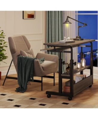 Portable Desk with Power Outlets, Height Adjustable Side Table Sofa Couch Bedside Laptop Computer Cart with USB Charging Ports, Mobile Small Standing Desk with Keyboard Tray