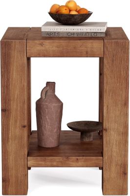 19.69" Solid Wood Side Table, Farmhouse 2-Tier End Table with Storage Shelves, Rustic Brown