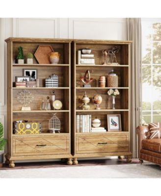 6-Shelf Bookcase with Drawer, 71 Inch Tall Floor Standing Bookshelf with Solid Wood Legs, 6-Tier Large Open Display Storage Book Shelf for Living Room, Home Office