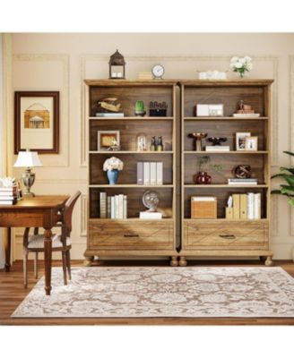 6-Shelf Bookcase with Drawer, 71 Inch Tall Floor Standing Bookshelf with Solid Wood Legs, 6-Tier Large Open Display Storage Book Shelf for Living Room, Home Office