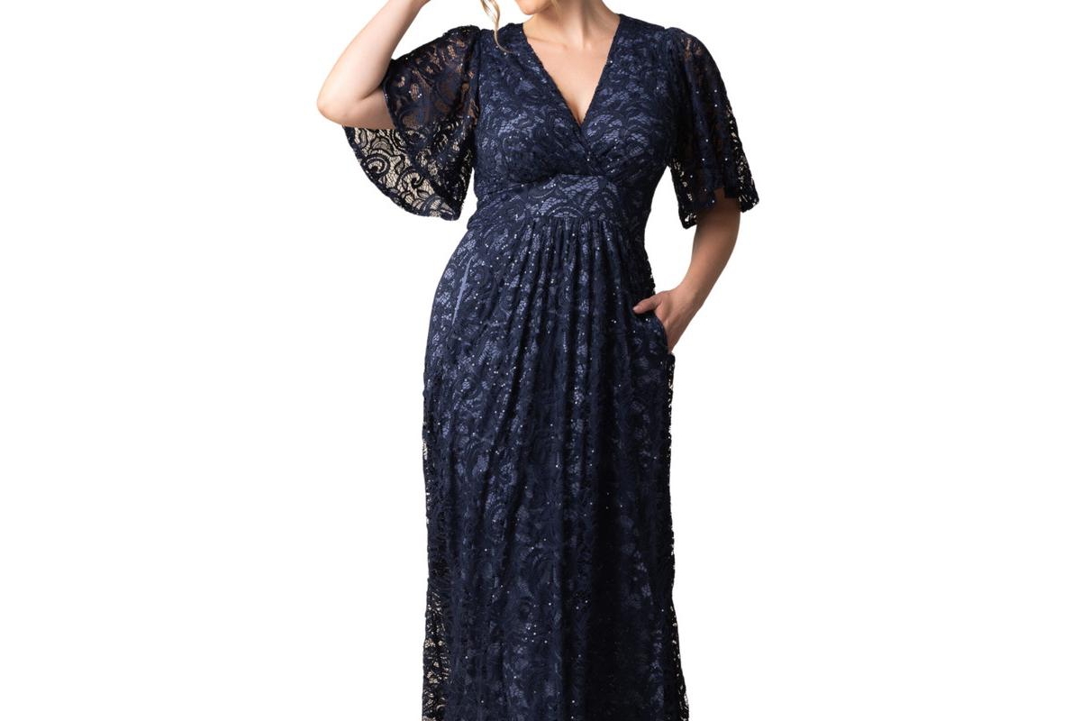 Kiyonna Plus Size Luminous Sequin Lace Evening Gown with Pockets
