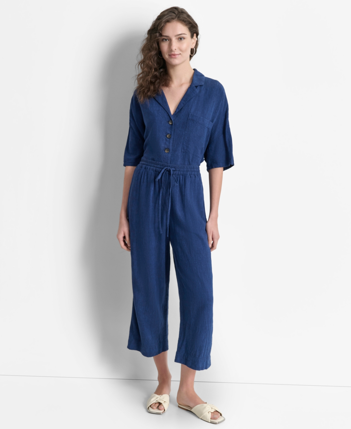 Shop Dkny Women's Indigo Linen-blend Cropped Pull-on Pants
