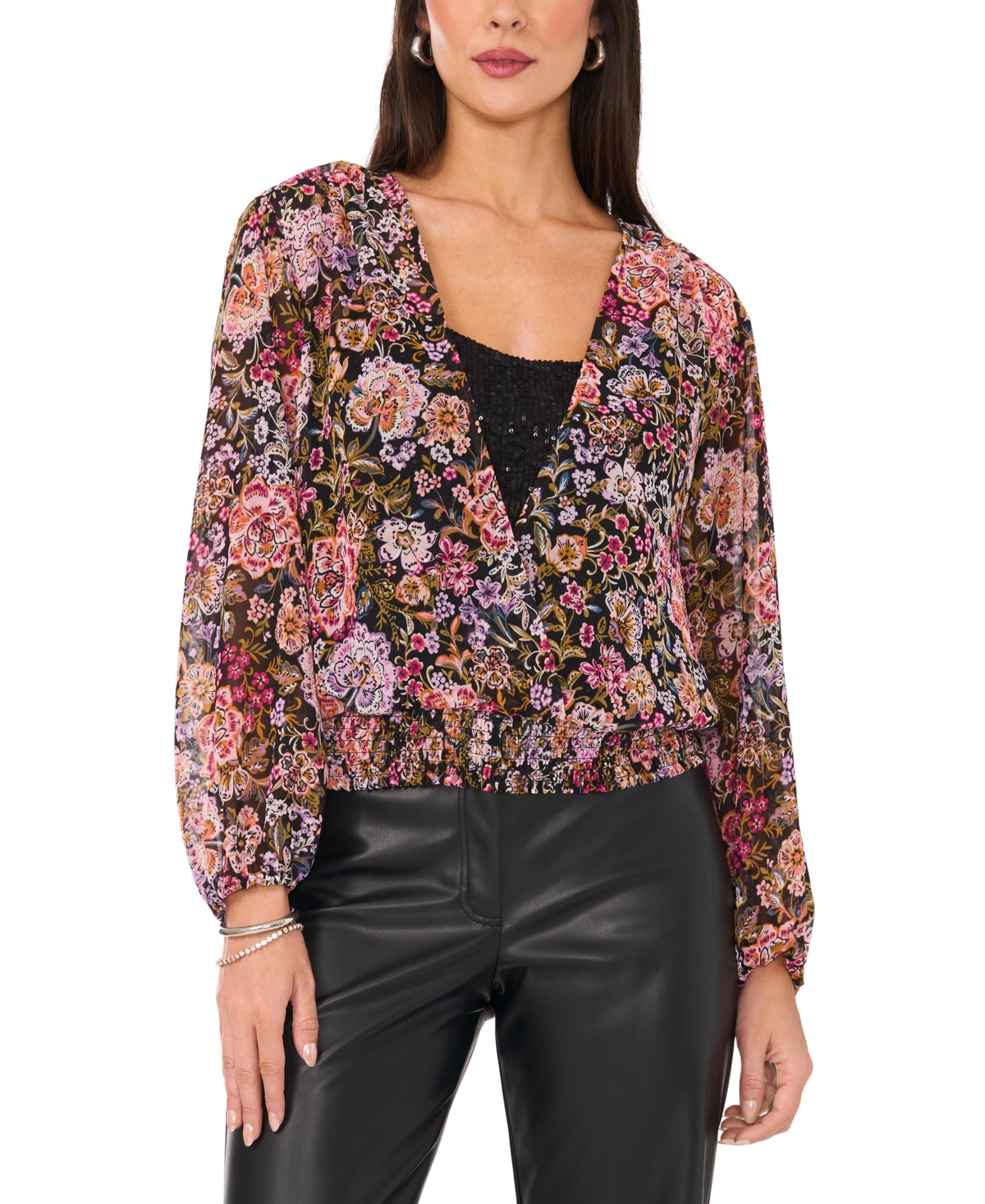 VINCE CAMUTO WOMEN'S FLORAL-PRINTED FAUX-WRAP TOP 