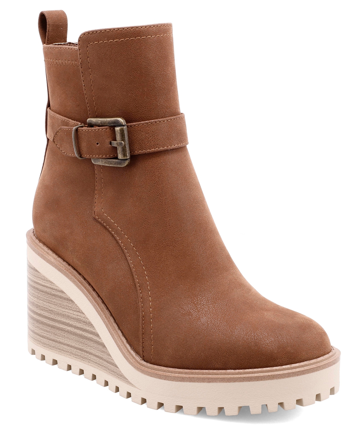 Mia Cleste Womens Buckle Manmade Wedge Boots In Cognac