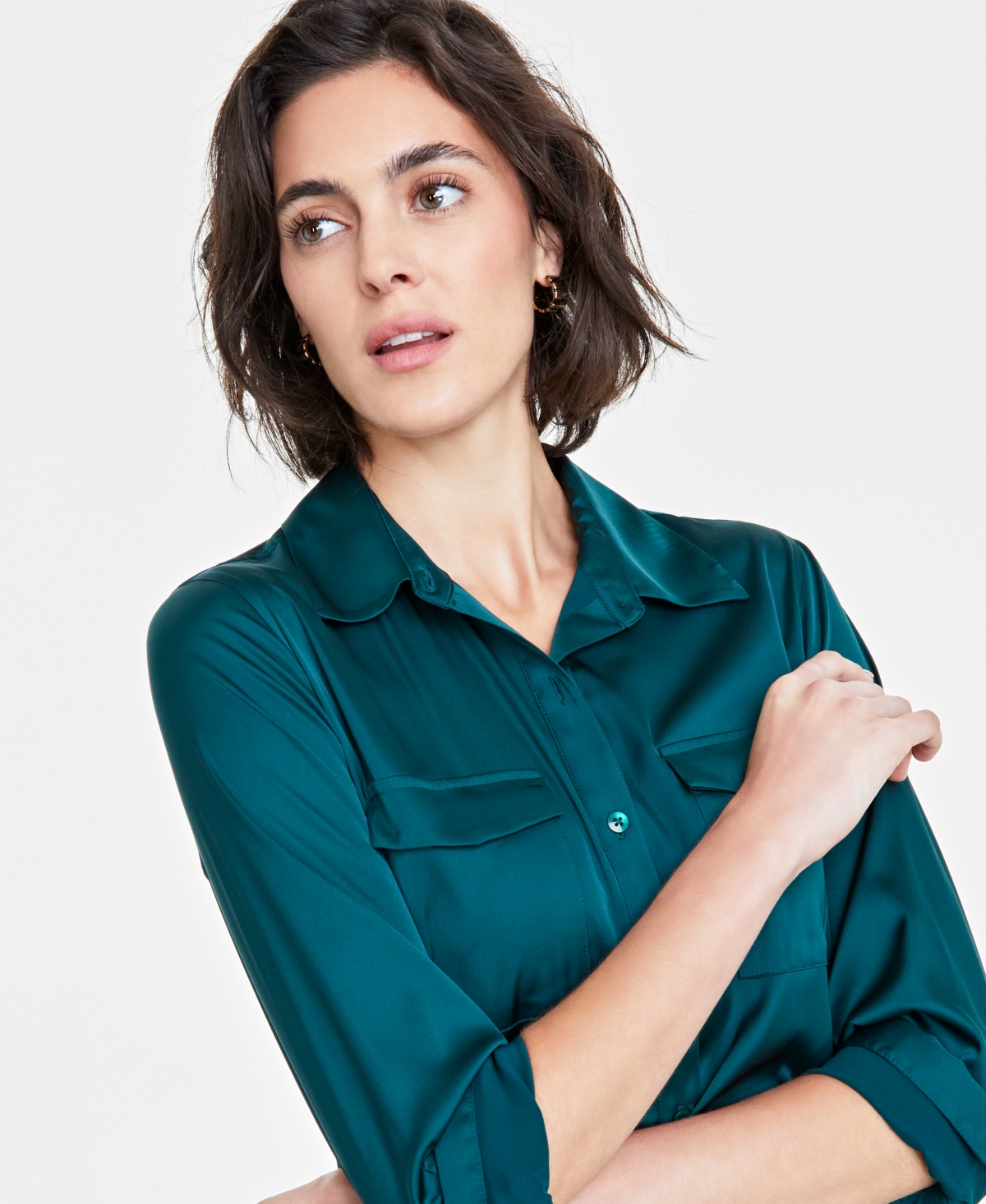 ON 34TH WOMEN'S BUTTON-FRONT LONG-SLEEVE SATIN UTILITY SHIRT, CREATED FOR MACY'S 