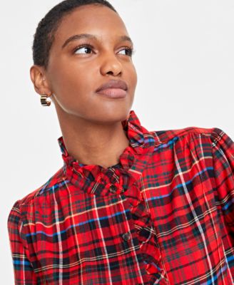 Women's Festive Plaid Ruffle-Neck Flannel Shirt, Created for Macy's