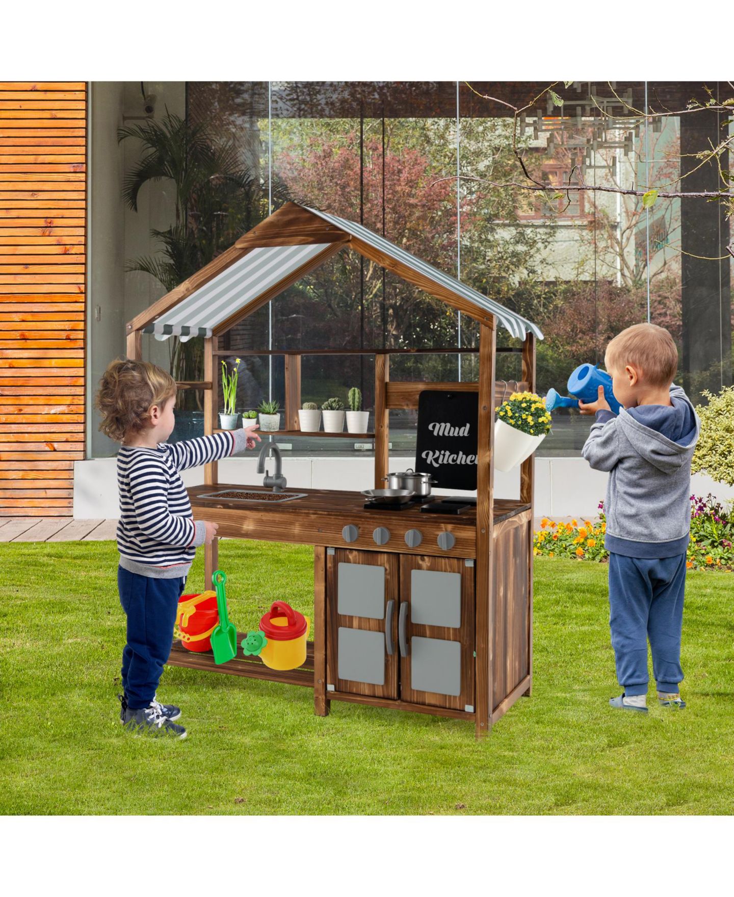 Детская игрушка SKONYON Outdoor Wooden Mud Kitchen for Kids with Faucet, Sink, 4 Stoves, Chalkboard and Sun Canopy Playset, цвет: Натуральный — фото 3