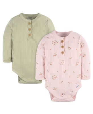 Baby Girls Henley Long Sleeve Bodysuits, 2-Pack