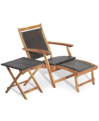 2 Pieces Patio Rattan Folding Lounge Chair with Acacia Wood Table