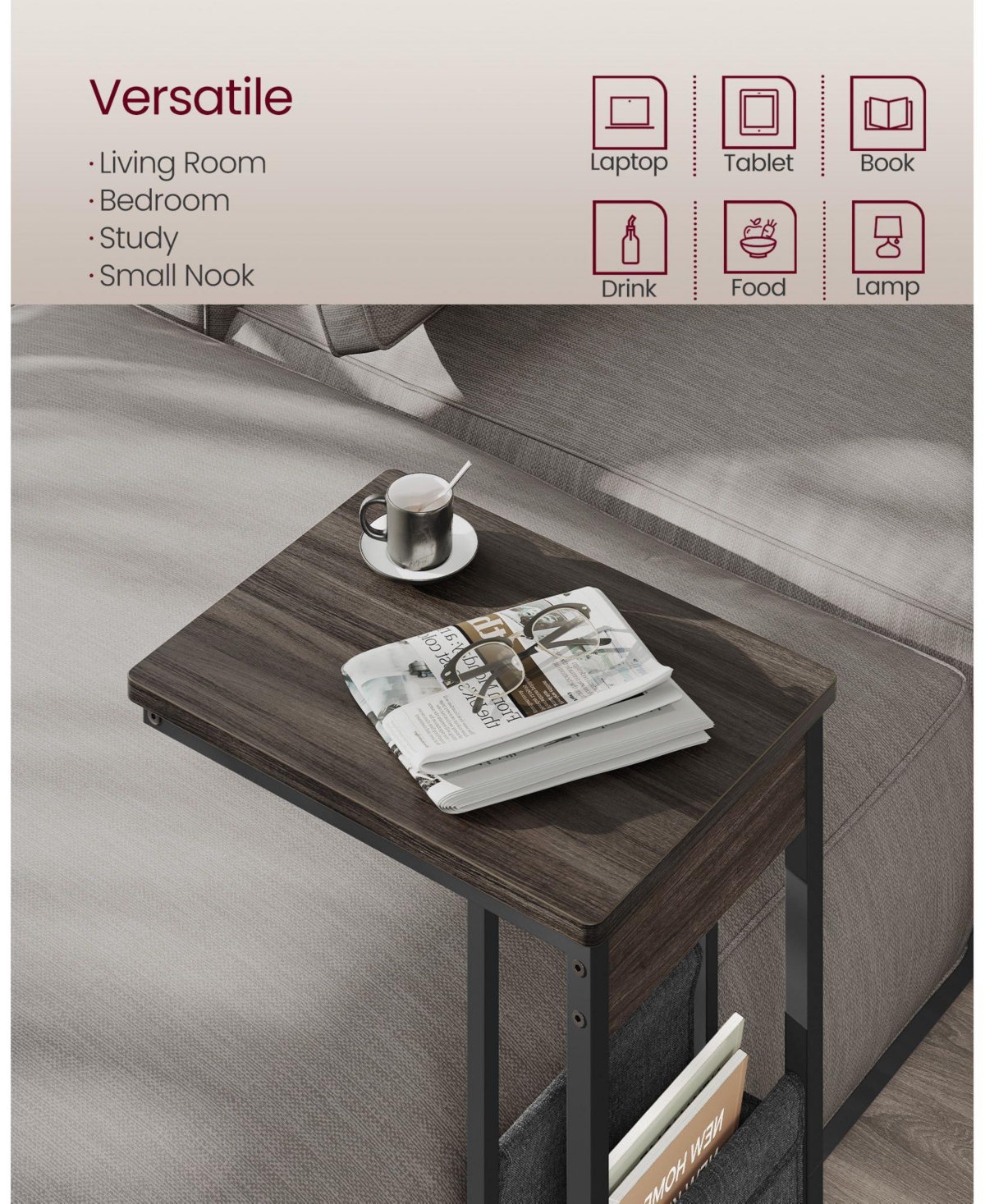 Slickblue C-Shaped Side Table with Fabric Storage Bag & Wheels for Easy Mobility