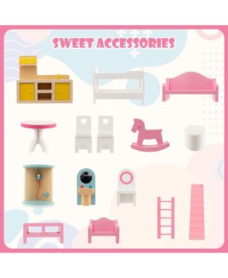Doll House Playset with 3 Stories and 6 Simulated Rooms and 15 Pieces of Furniture