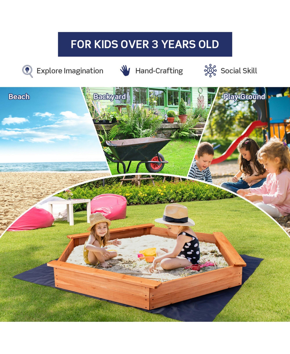 Costway Hexagon Wooden Cedar Sand Box w Seat Boards & Cover & Ground Liner