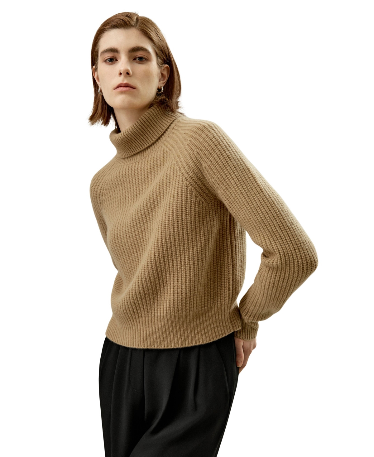 Cashmere Textured Turtleneck Sweater for Women - Caramel