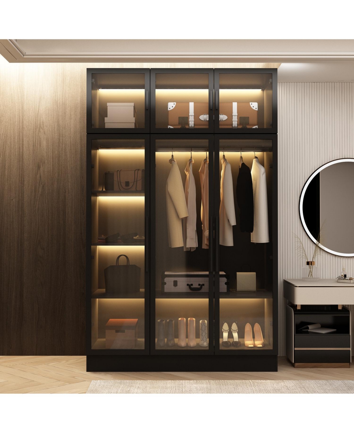 FamapyWood Glass Doors Armoires Metal Frame Wardwore with Led Light - Black