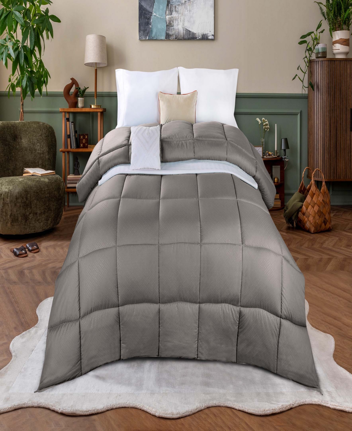 Superior Monochrome Basketweave Plush Microfiber Down Alternative Comforter, Full/queen In Charcoal