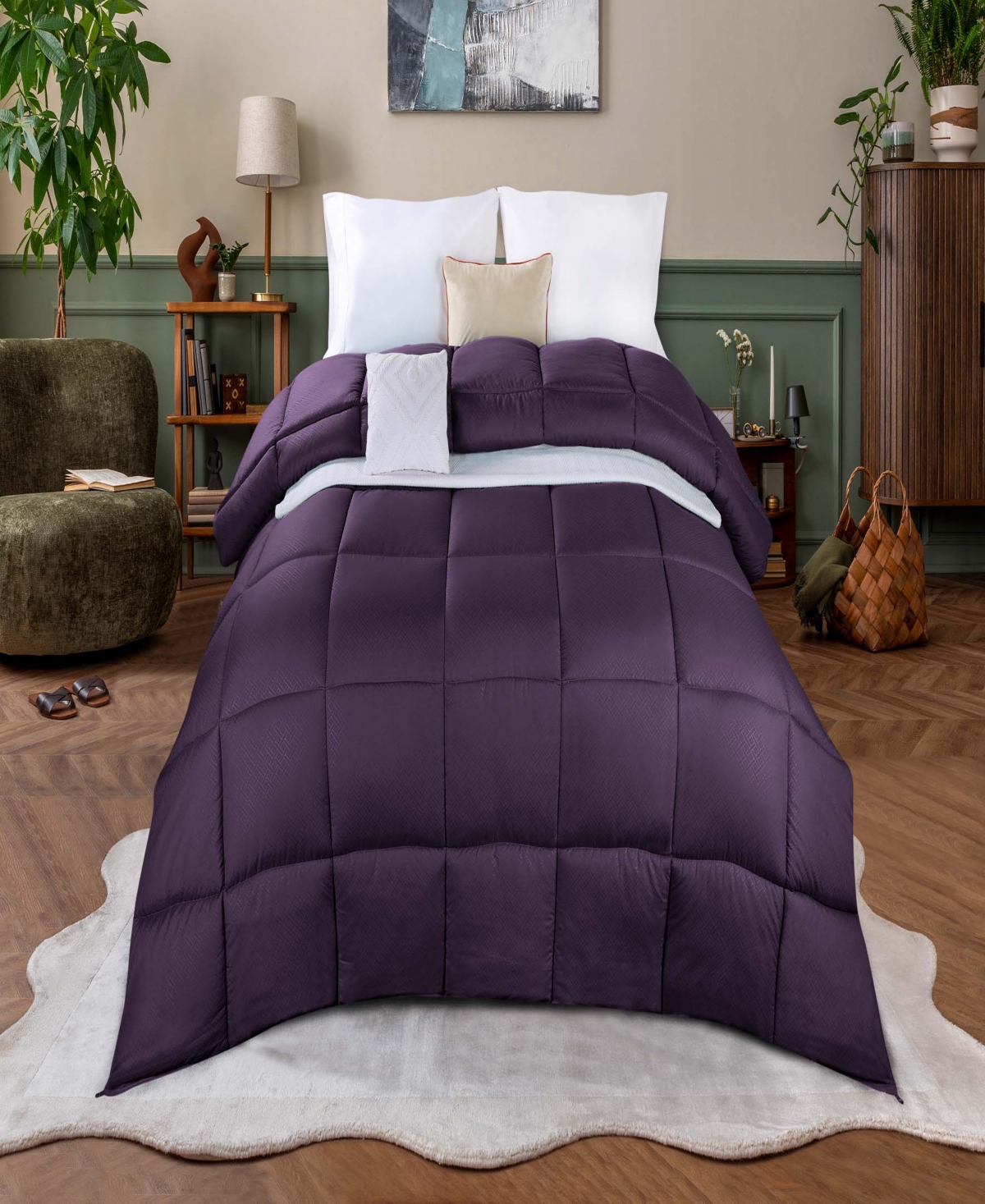 Superior Monochrome Basketweave Plush Microfiber Down Alternative Comforter, Full/queen In Plum