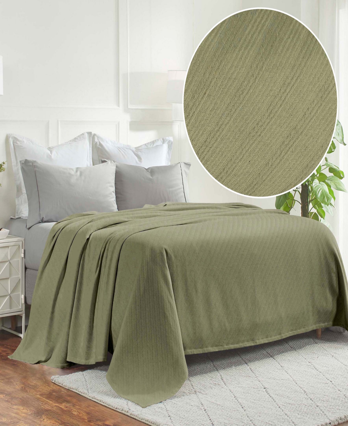 Superior Milan Cotton Jacquard Dobby Weave Textured Striped Lightweight Woven Blanket, California King In Sage