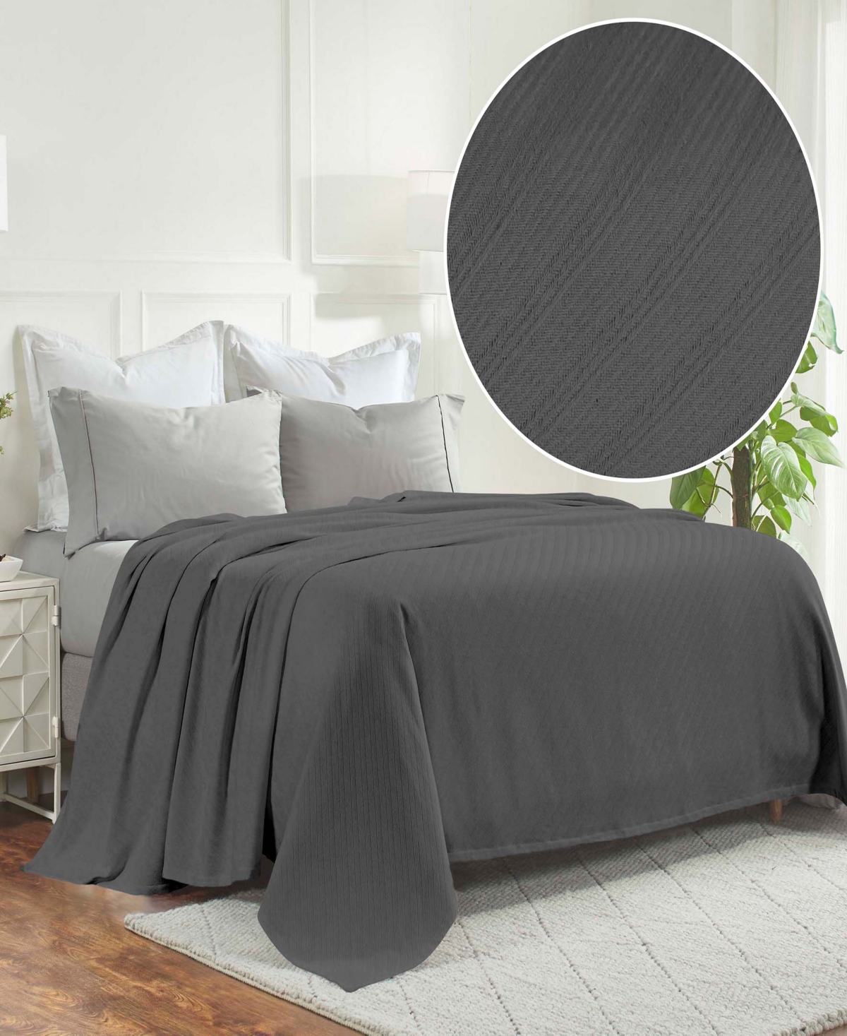Superior Milan Cotton Jacquard Dobby Weave Textured Striped Lightweight Woven Blanket, King In Charcoal