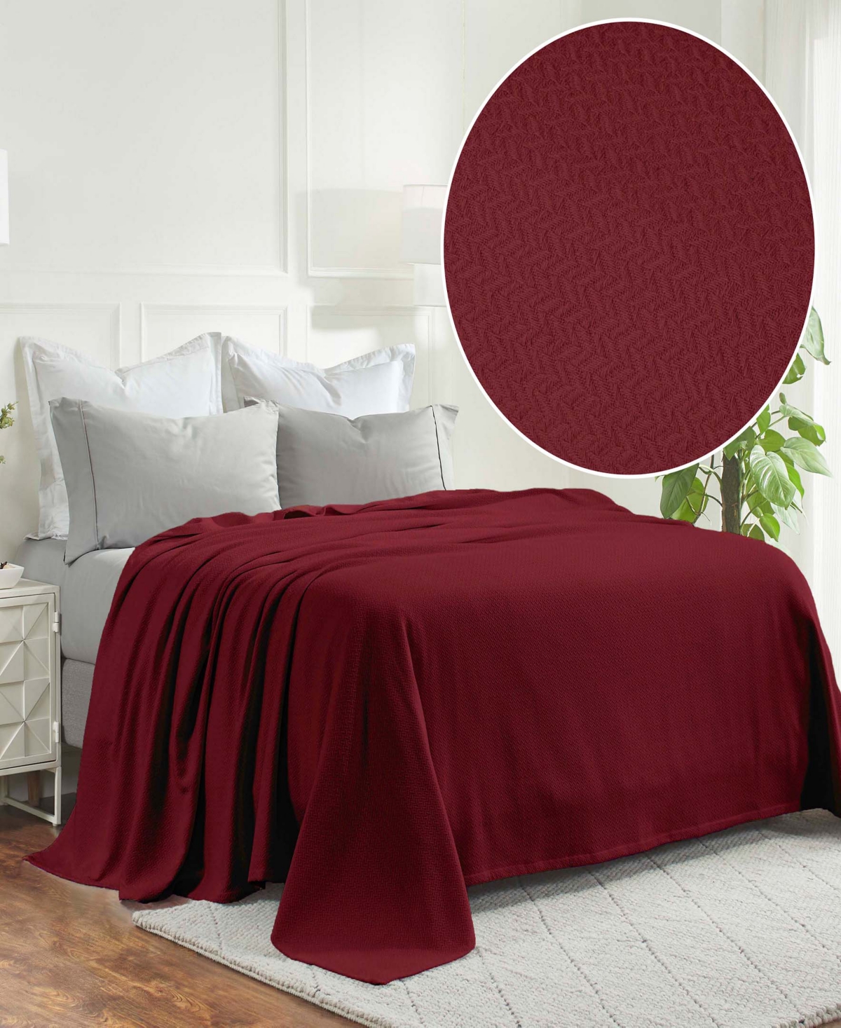 Superior Nobel Cotton Jacquard Dobby Weave Textured Chevron Lightweight Woven Blanket, California King In Burgundy