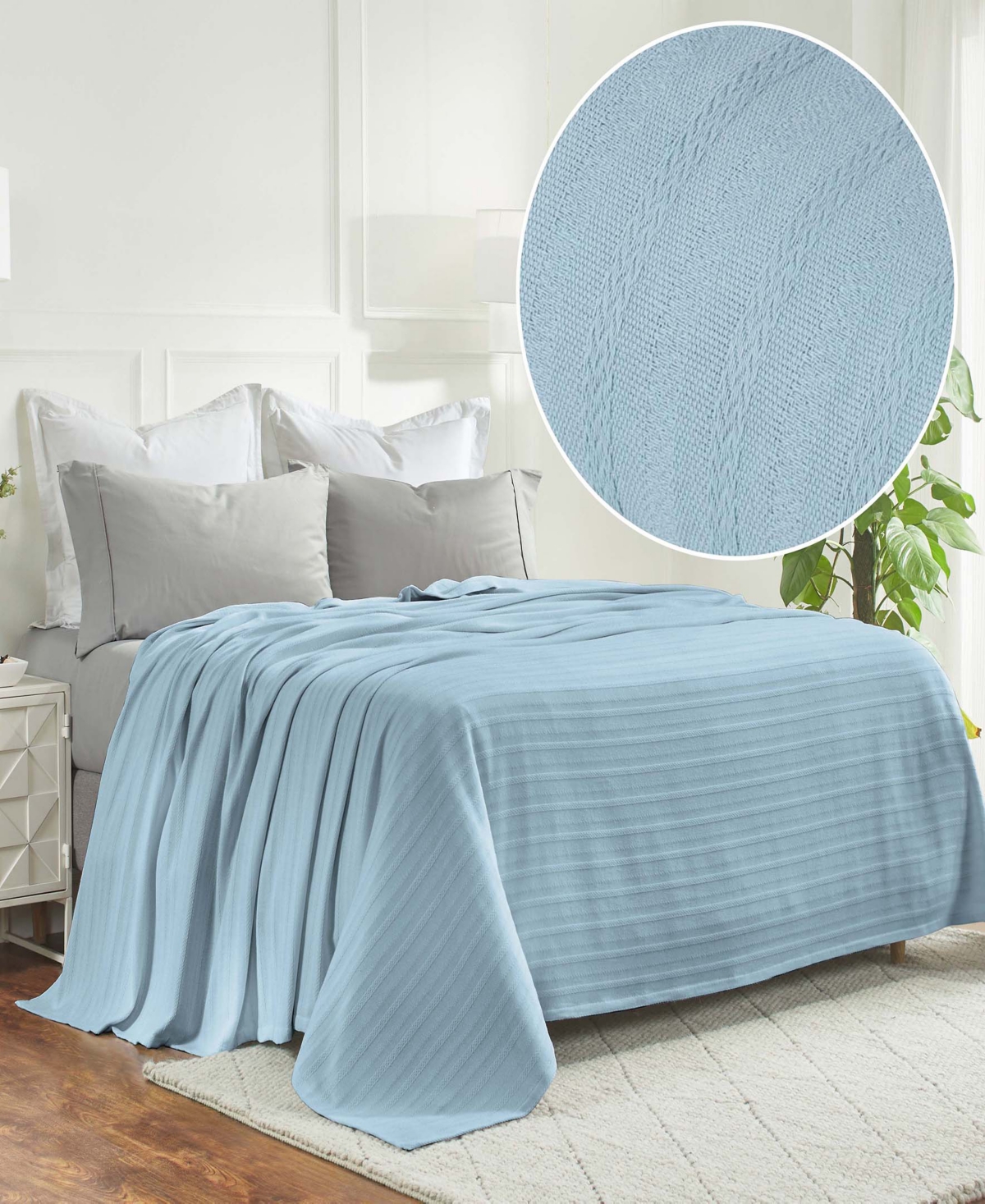 Superior Clara Cotton Textured Striped Lightweight Woven Blanket, Twin In Light Blue