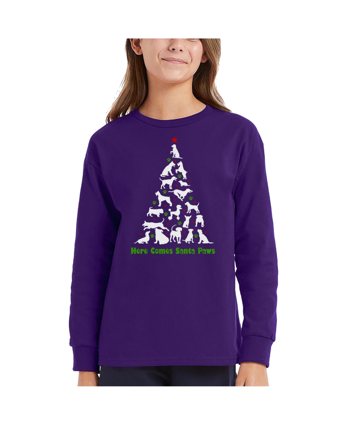 La Pop Art Girls Here Comes Santa Paws Word Art Long Sleeve T-Shirt
