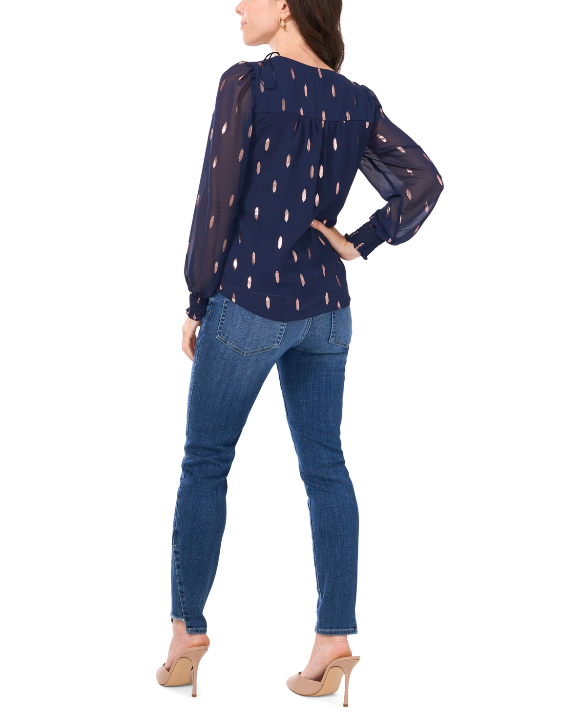 Sam & Jess Petite V-Neck Smocked-Trim Long-Sleeve Top