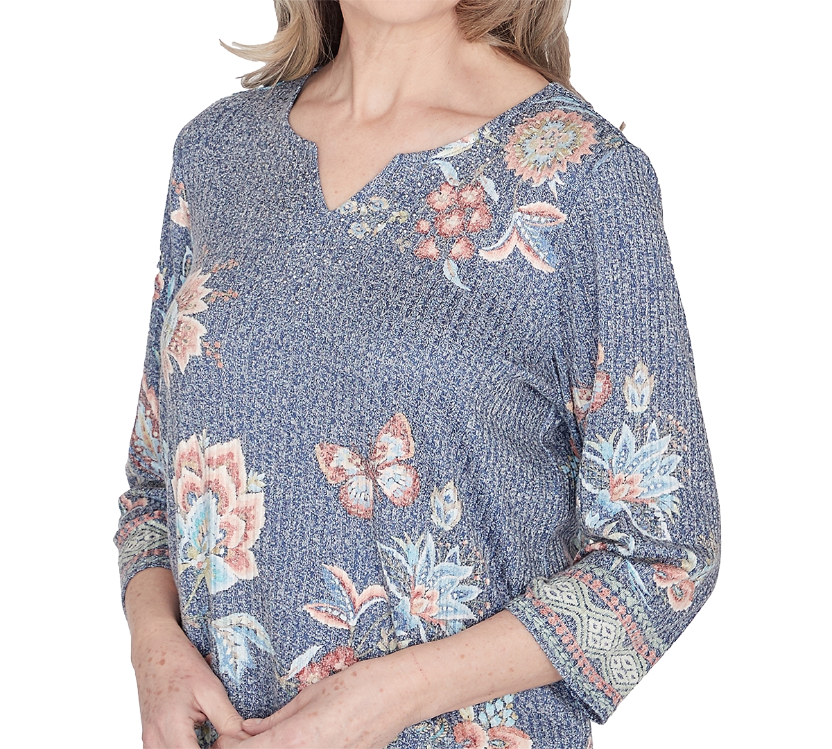 Alfred Dunner Scottsdale Women's Floral Border Split Neck Top In Navymul