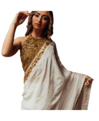 Women's Off White Pre-Pleated Silk Saree with Golden Halter Blouse with Kasab and Cutdana Embroidery