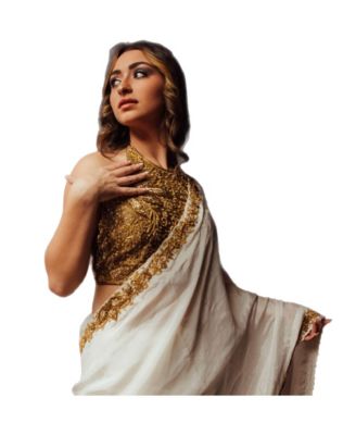 Women's Off White Pre-Pleated Silk Saree with Golden Halter Blouse with Kasab and Cutdana Embroidery