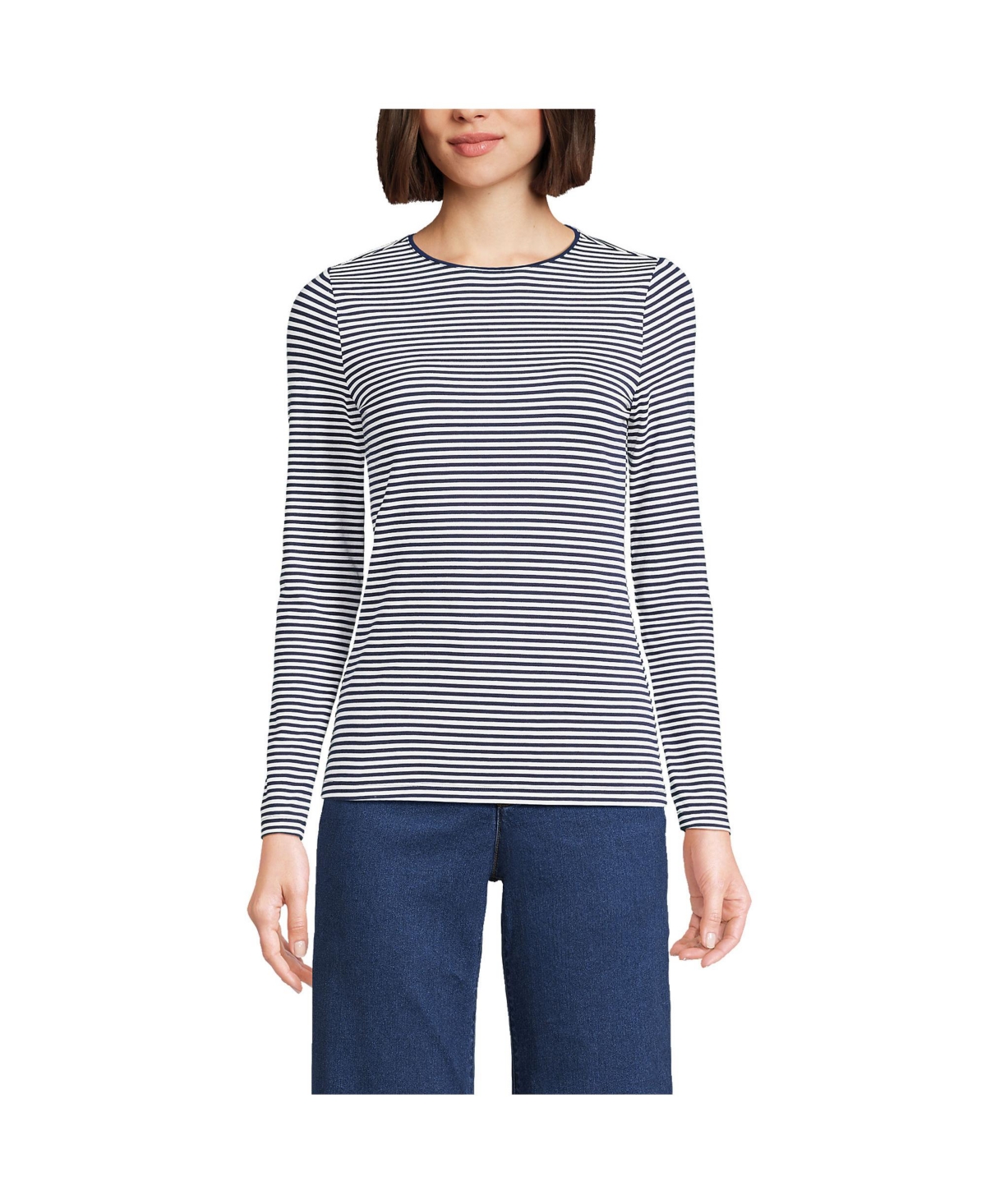 Women's Lightweight Jersey Skimming Long Sleeve Crew Neck T-shirt - Navy/white micro stripe