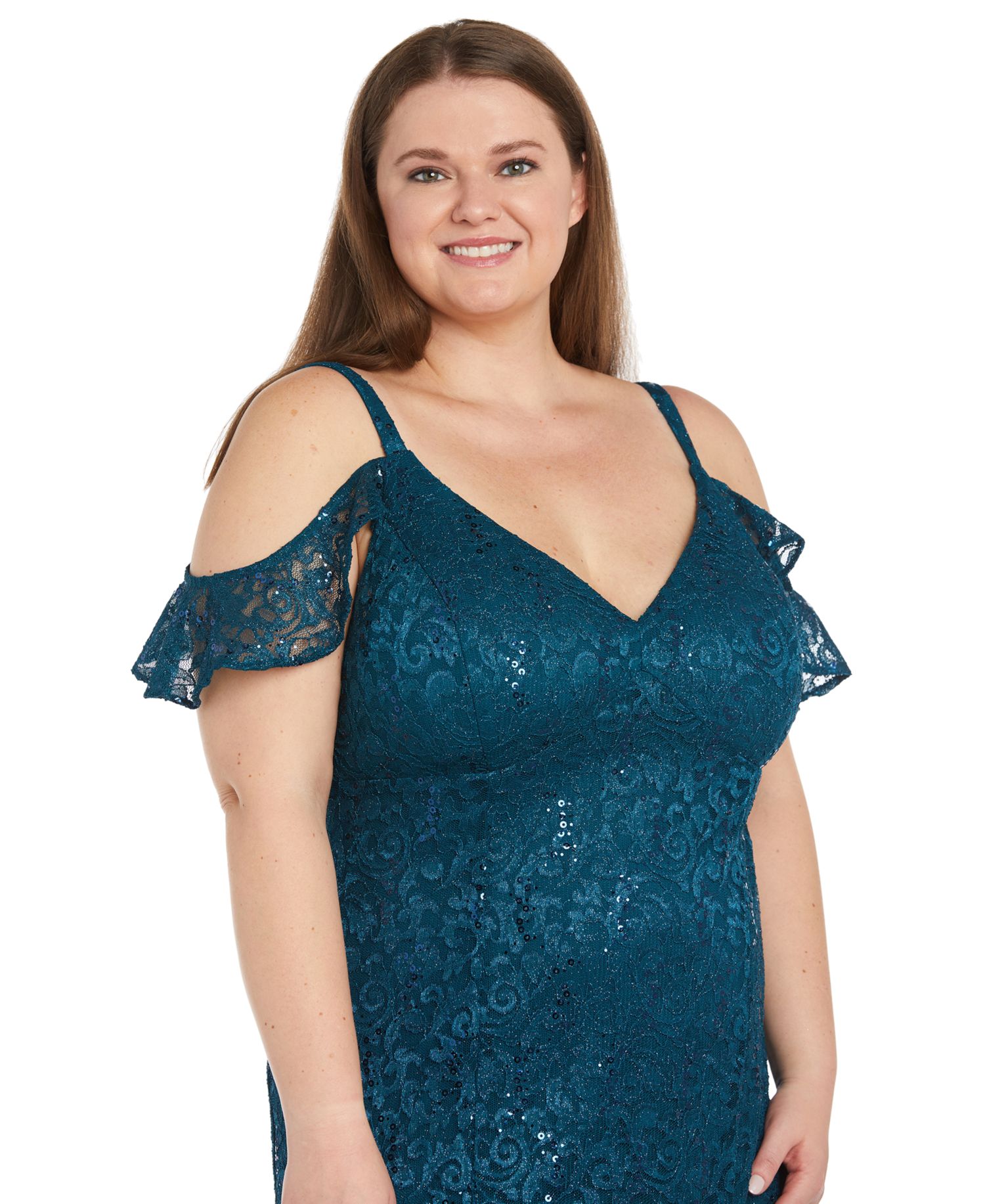 Plus Size Sequin Lace Cold-Shoulder Gown