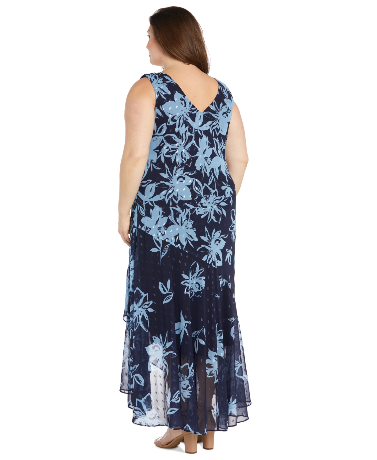 R & M Richards Plus Size Printed Handkerchief-hem Dress And Jacket In Navy,periwinkle