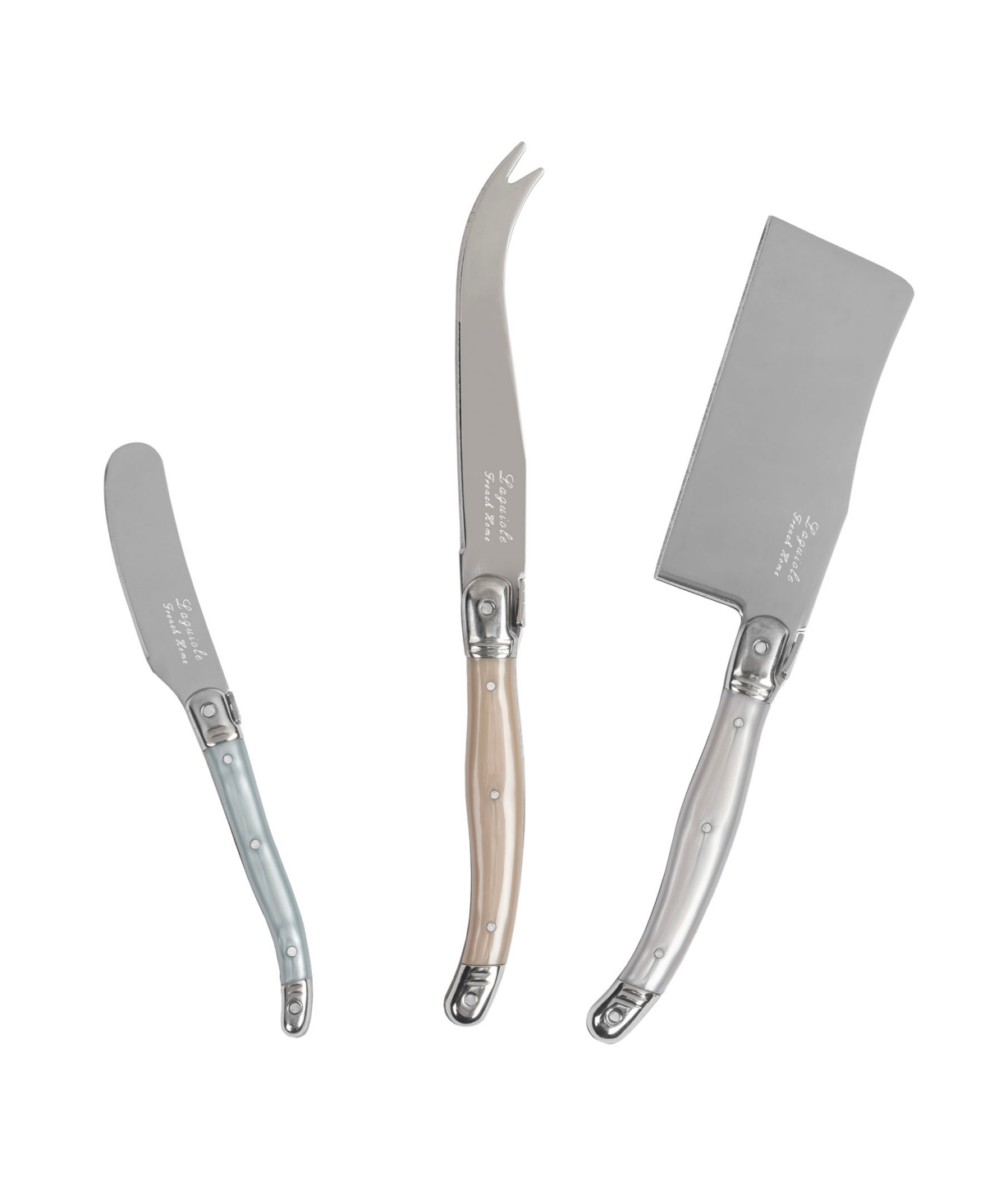 French Home Laguiole Cheese 3-piece Knife Set With Mother Of Pearl Handles In Tan,blue,white