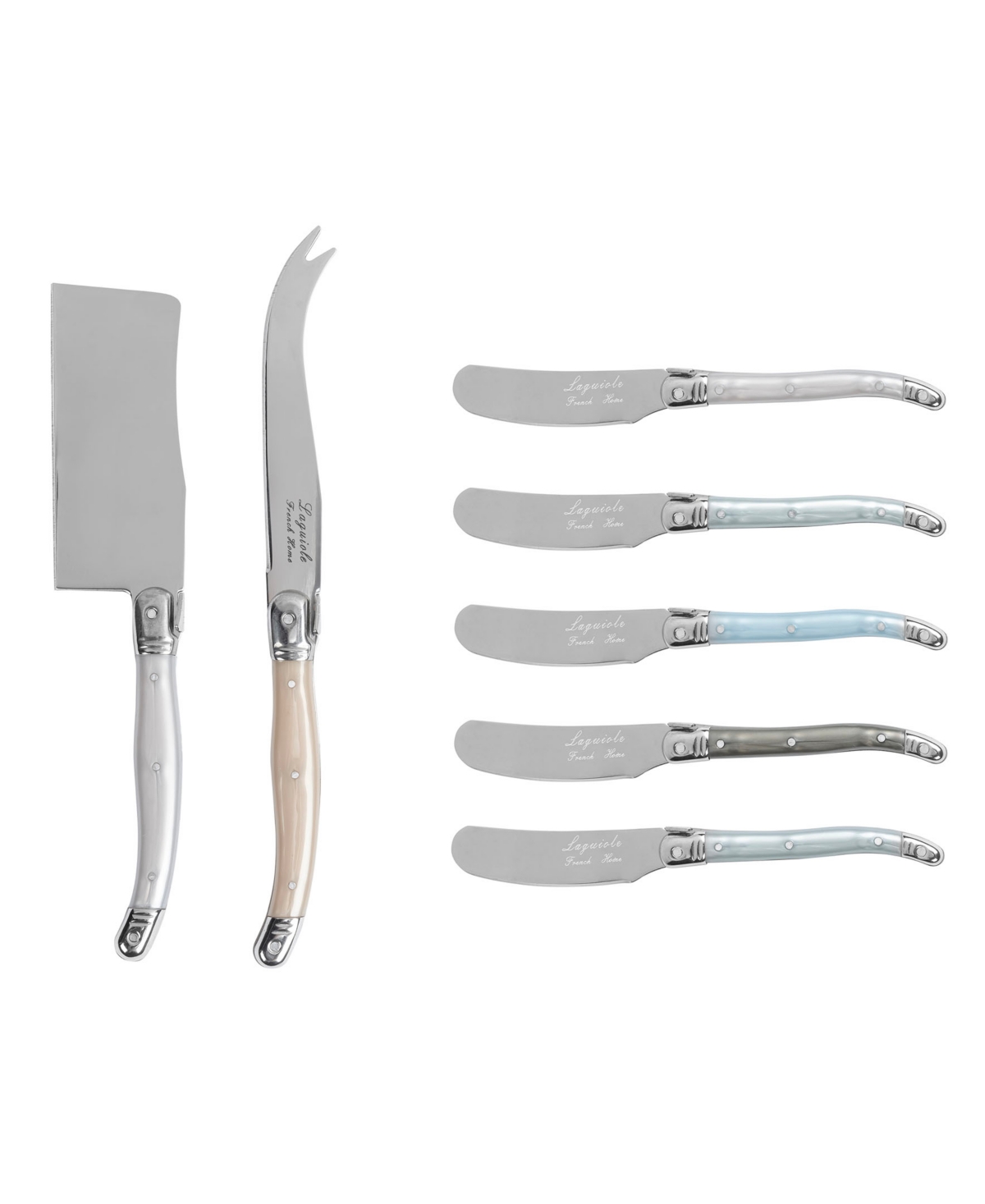 French Home Laguiole Cheese 7-piece Knife And Spreader Set With Mother Of Pearl Handles In Tan,blue,white