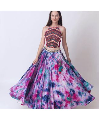 Women's Hand Tie Dyed Lehenga Choli Set with Heavy Mirror Work Blouse