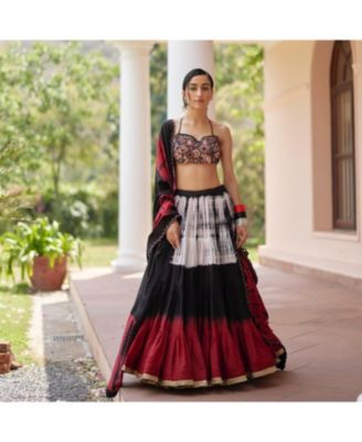 Women's Red and Black Tie Dye Tiered Full Flare Lehenga Choli Set