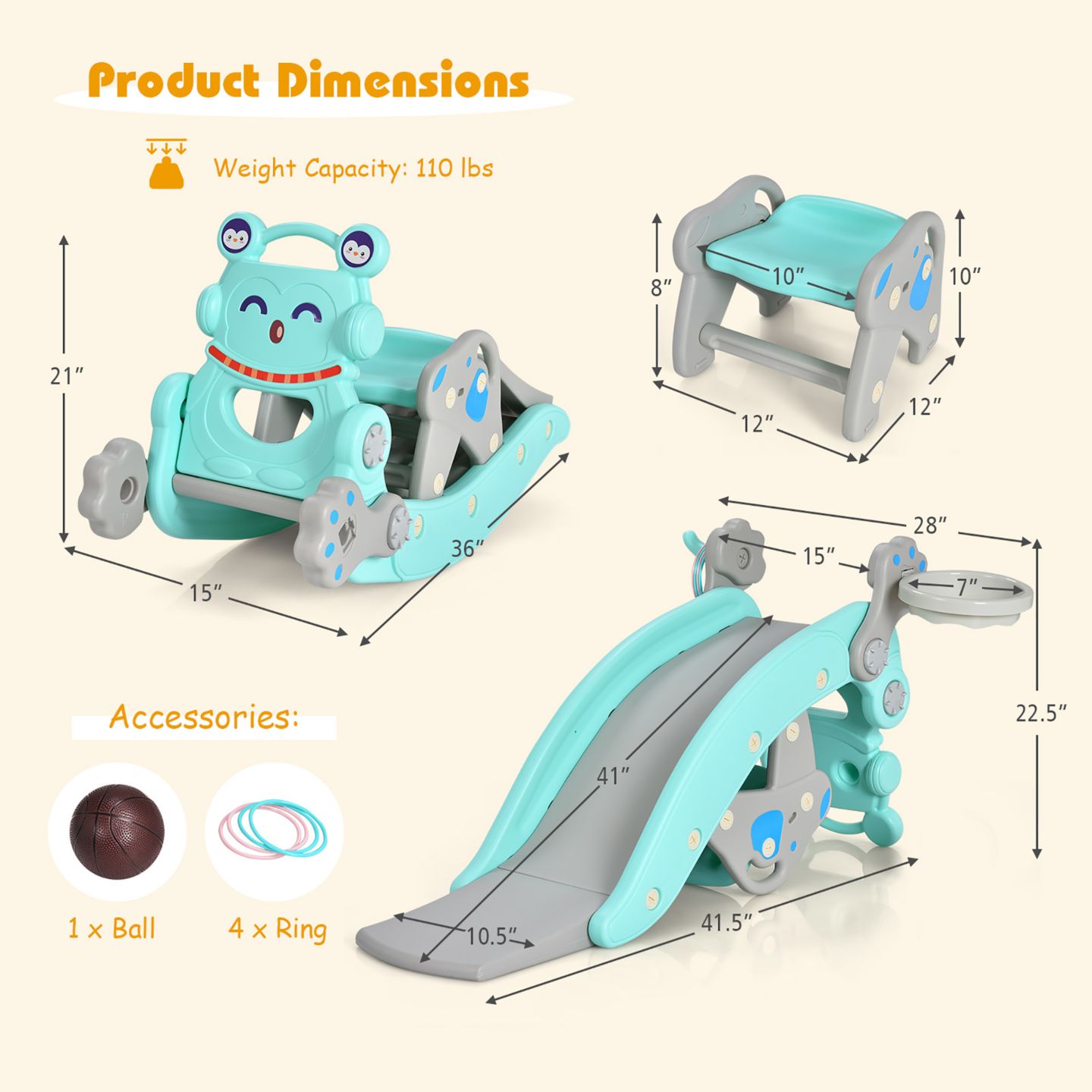 Детские игрушки Costway 4-in-1 Rocking Horse & Slide Set, Hdpe, with Basketball Hoop and Ring Toss, Ages 1-5, цвет: Синий — фото 2