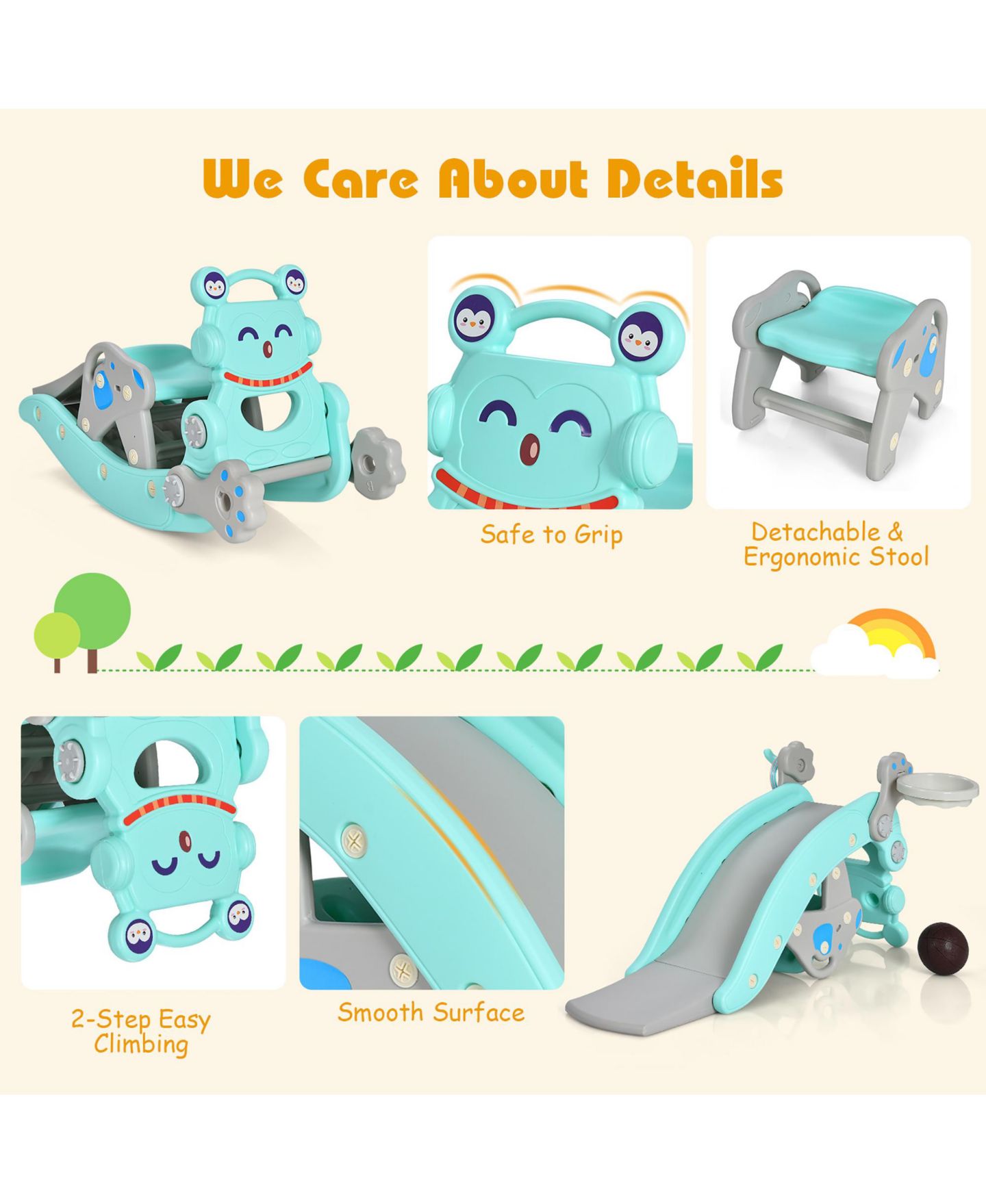 Детские игрушки Costway 4-in-1 Rocking Horse & Slide Set, Hdpe, with Basketball Hoop and Ring Toss, Ages 1-5, цвет: Синий — фото 9