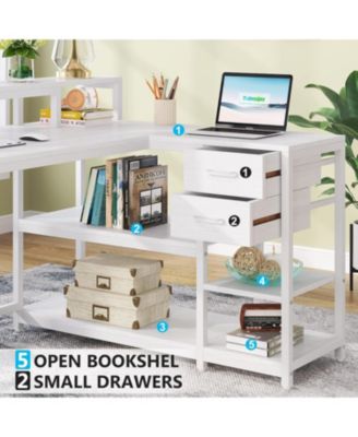 55-inches Reversible L Shaped Desk with Drawer, Modern White L Corner Desk Home Office Table, Wooden and Metal PC Desk