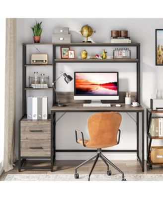 55 Inch Computer Desk with 2 Drawers and Storage Shelves, Rustic Office Desk with Hutch, Study Writing Gaming Table Laptop Workstation