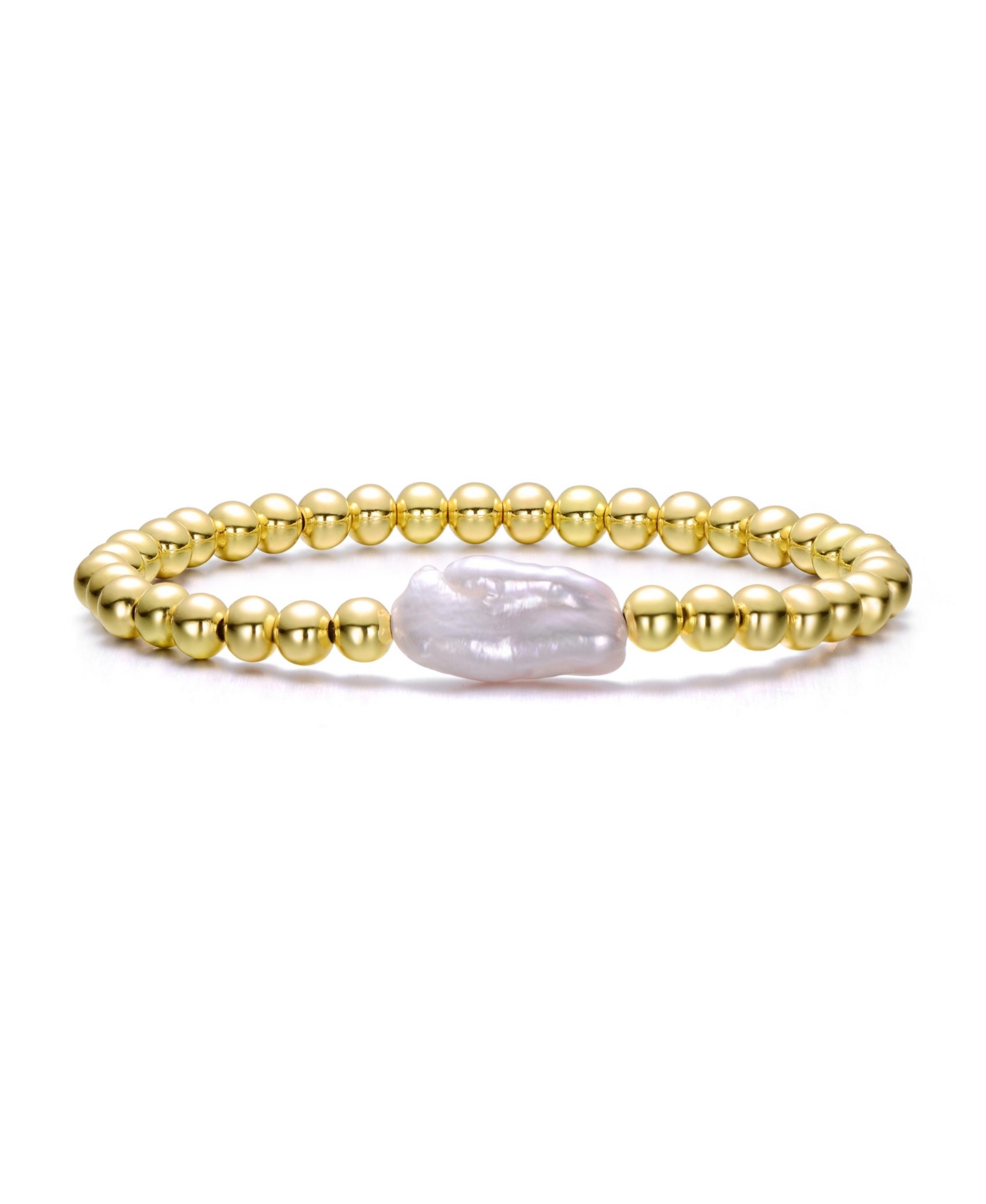 Baroque White Pearl Ball Bead Link Stretchable Layering Bracelet - Gold