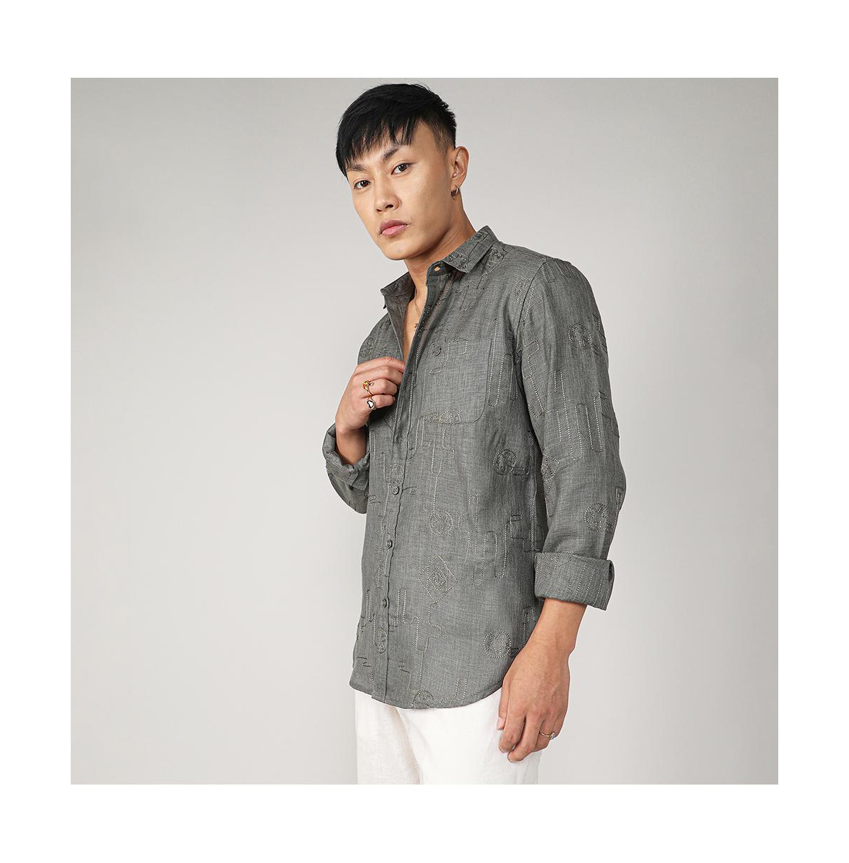 Campus Sutra Men's OliveEmbroidered One-Lined Shirt - Green